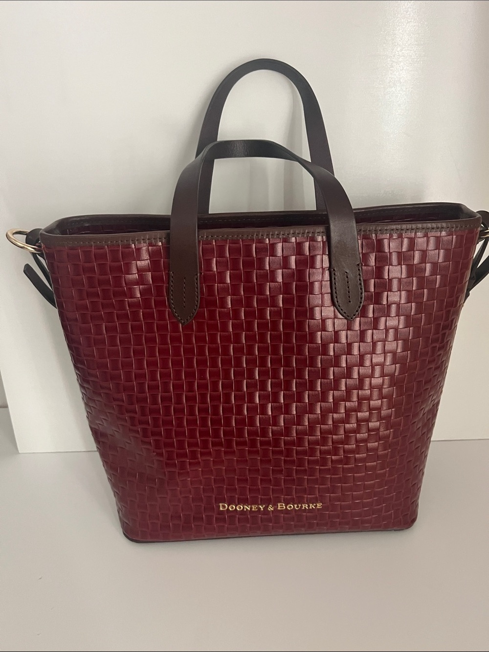 Dooney & Bourke Woven Leather Messenger Tote - Burgundy with Dark Brown Handles